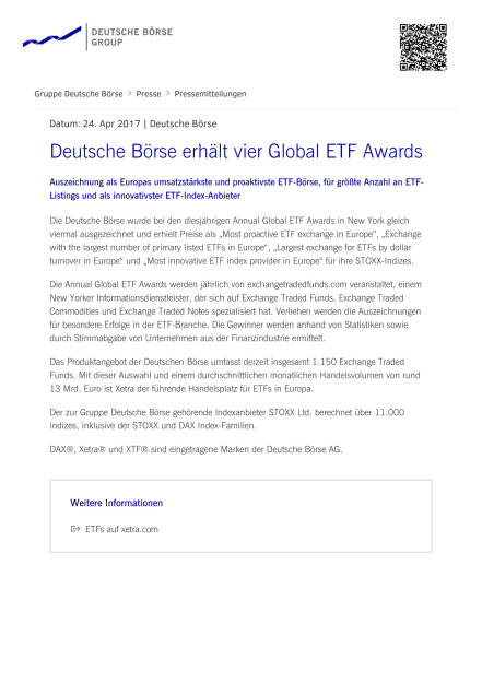 Deutsche Börse erhält vier Global ETF Awards, Seite 1/2, komplettes Dokument unter http://boerse-social.com/static/uploads/file_2216_deutsche_borse_erhalt_vier_global_etf_awards.pdf (24.04.2017) 