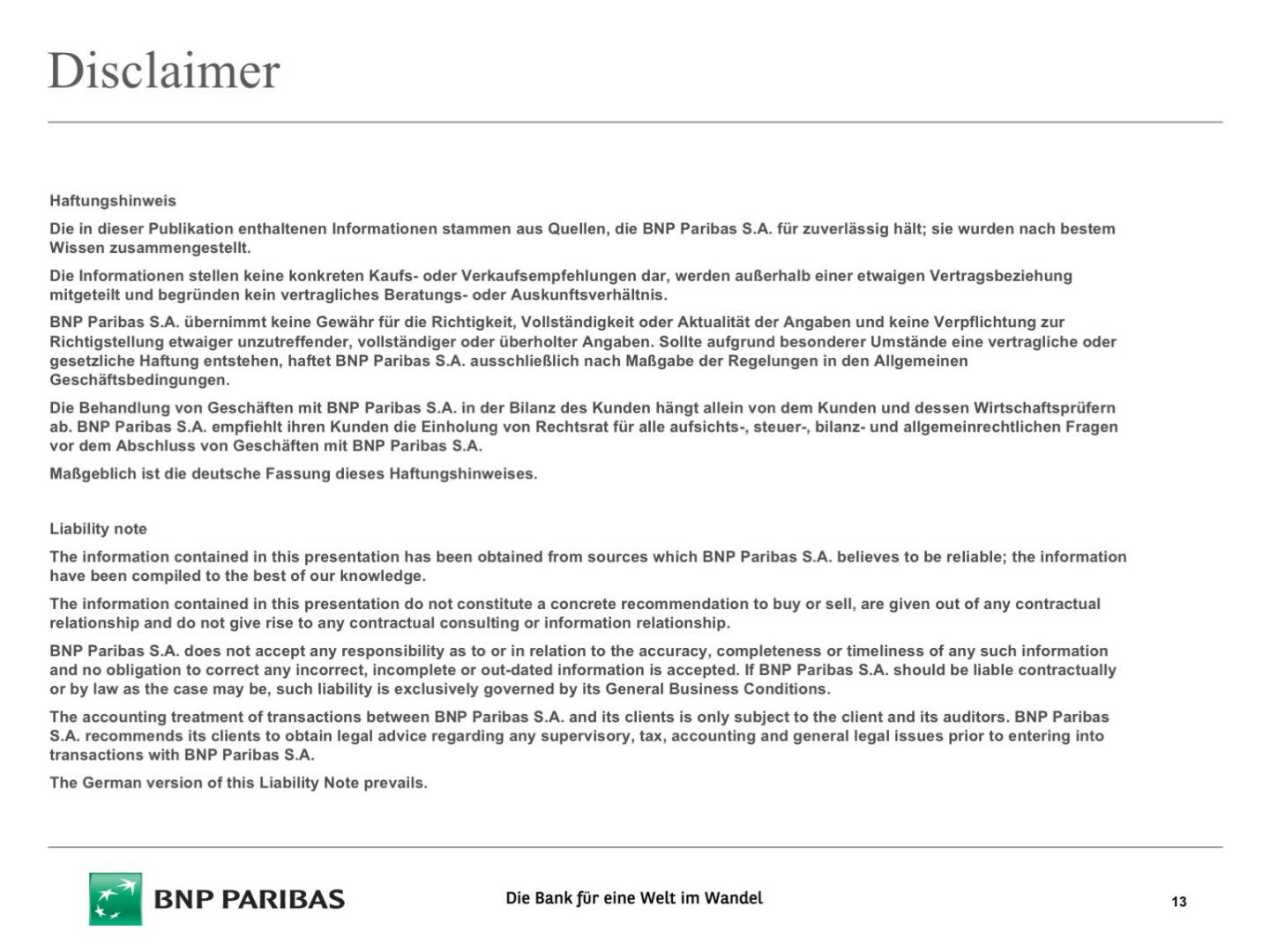 Präsentation BNP Paribas - Disclaimer