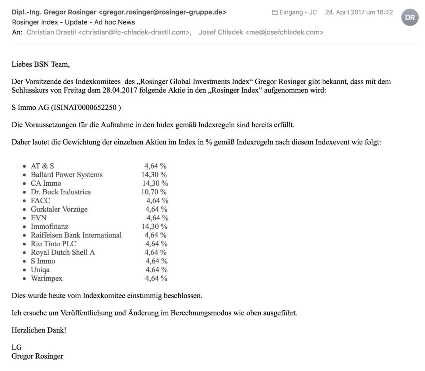 Indexevent Rosinger-Index 21: Aufnahme S Immo per Schlusskurse 28.4.2017