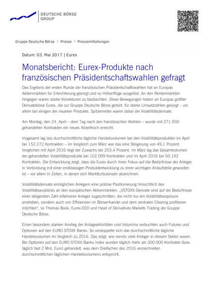 Eurex-Produkte nach französischen Präsidentschaftswahlen gefragt, Seite 1/2, komplettes Dokument unter http://boerse-social.com/static/uploads/file_2235_eurex-produkte_nach_franzosischen_prasidentschaftswahlen_gefragt.pdf (03.05.2017) 