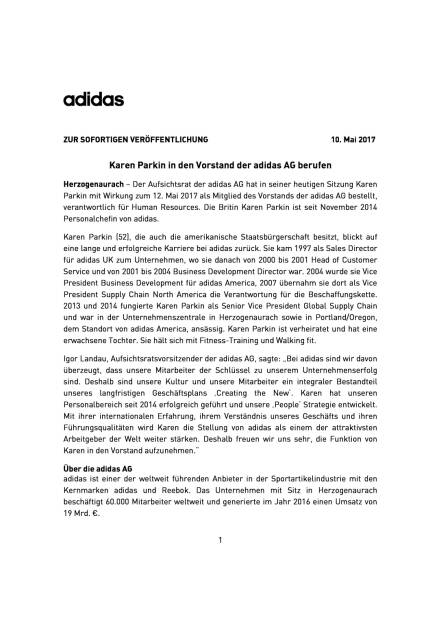 Karen Parkin in den Vorstand der adidas AG berufen, Seite 1/2, komplettes Dokument unter http://boerse-social.com/static/uploads/file_2245_karen_parkin_in_den_vorstand_der_adidas_ag_berufen.pdf (10.05.2017) 