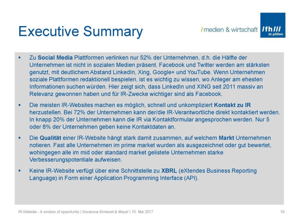 Summary - IR-Websites Studie, © Fachhochschule St. Pölten (11.05.2017) 