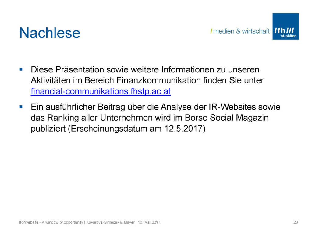 Nachlese - IR-Websites Studie, © Fachhochschule St. Pölten (11.05.2017) 