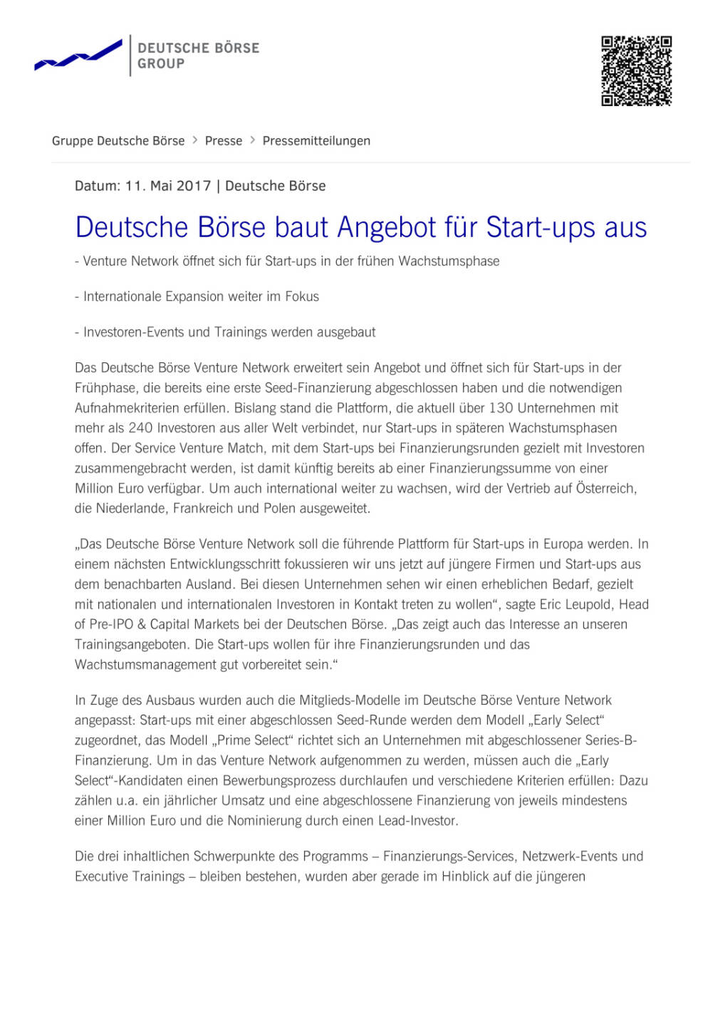 Deutsche Börse baut Angebot für Start-ups aus, Seite 1/2, komplettes Dokument unter http://boerse-social.com/static/uploads/file_2246_deutsche_borse_baut_angebot_fur_start-ups_aus.pdf