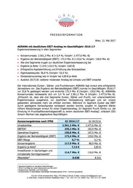 Agrana: Geschäftsjahr 2016/17, Seite 1/3, komplettes Dokument unter http://boerse-social.com/static/uploads/file_2250_agrana_geschaftsjahr_201617.pdf (12.05.2017) 