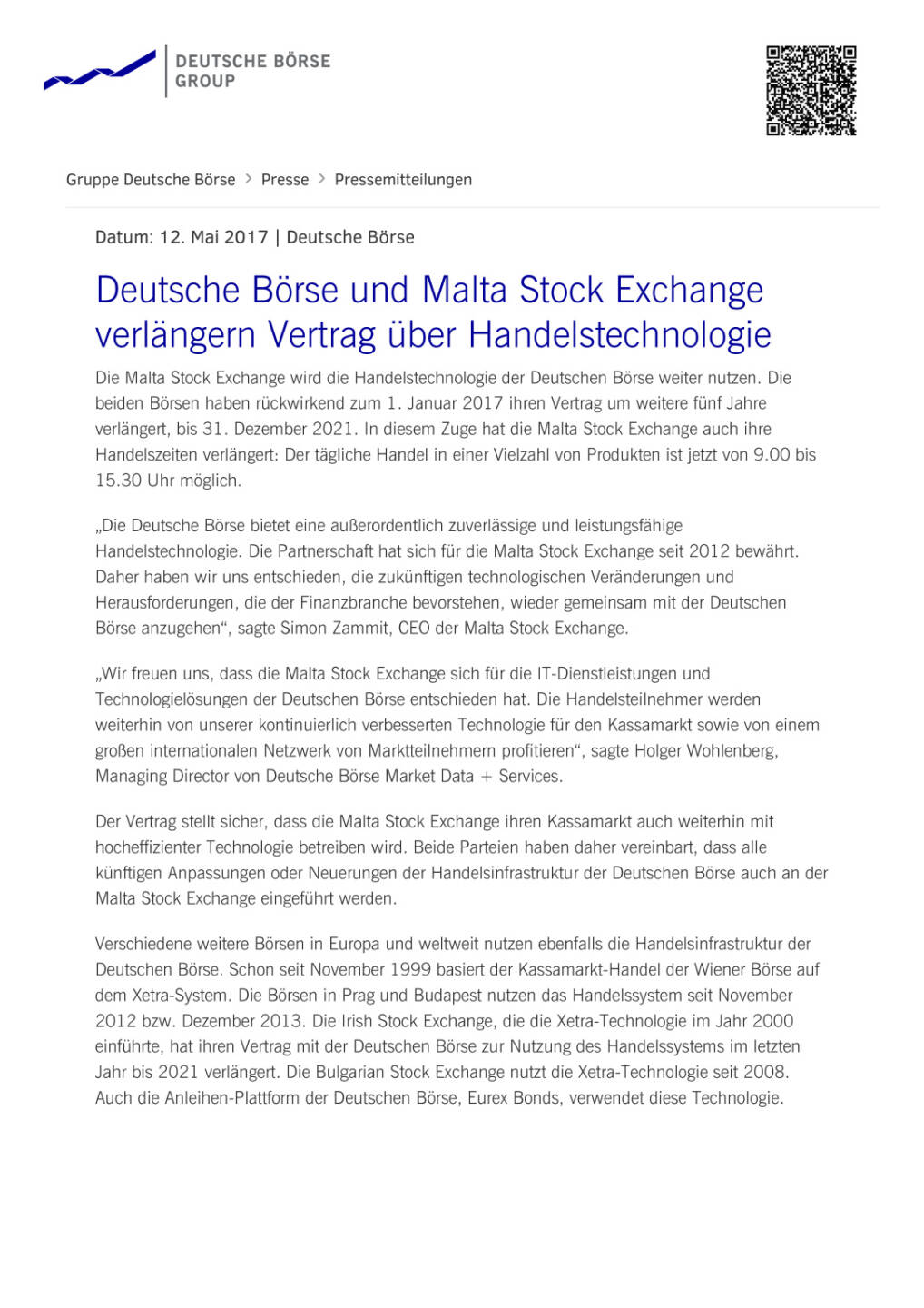 Deutsche Börse und Malta Stock Exchange verlängern Vertrag über Handelstechnologie, Seite 1/2, komplettes Dokument unter http://boerse-social.com/static/uploads/file_2251_deutsche_borse_und_malta_stock_exchange_verlangern_vertrag_uber_handelstechnologie.pdf