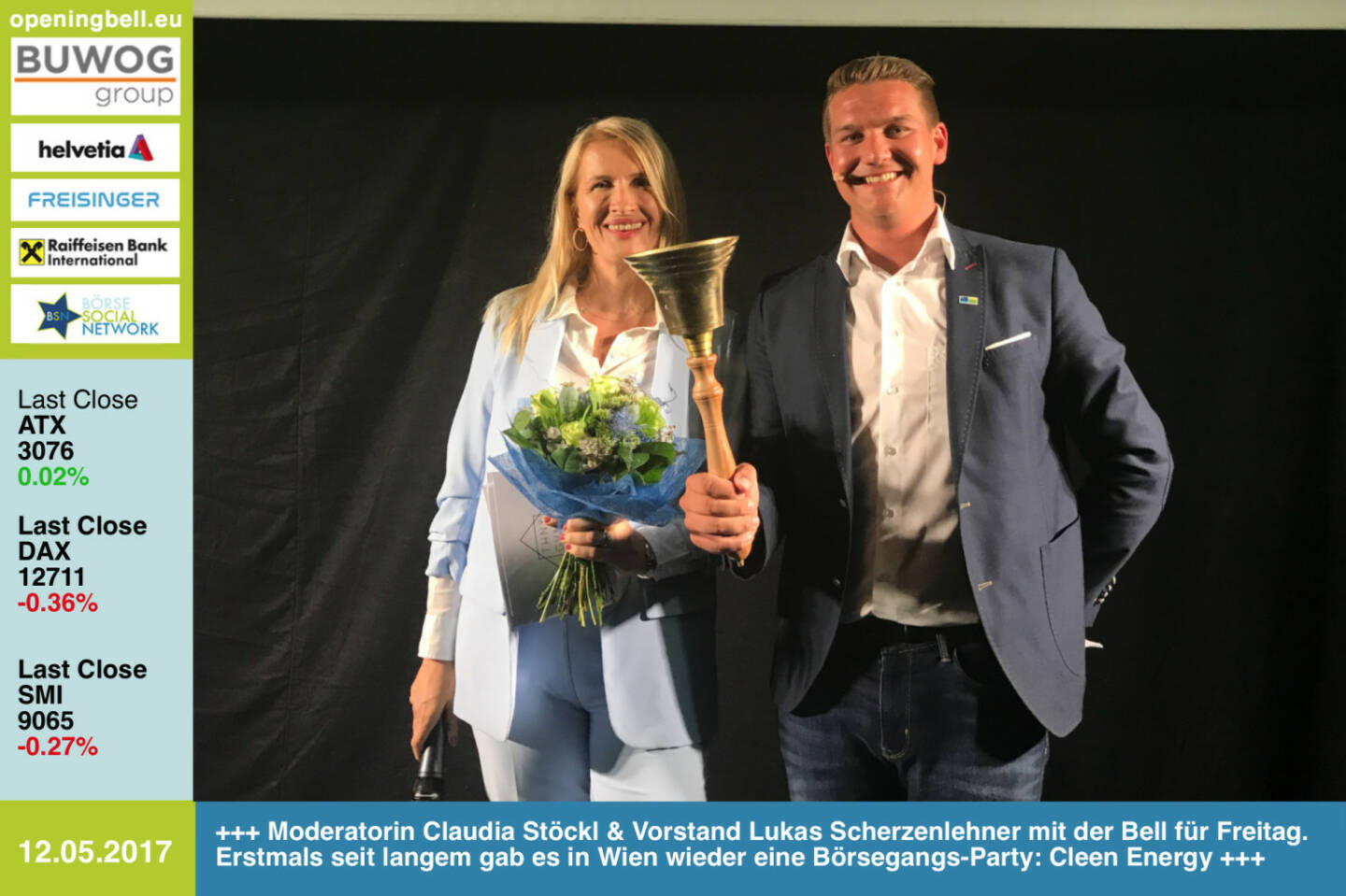 #openingbell am 12.5.: Moderatorin Claudia Stöckl und Vorstand Lukas Scherzenlehner mit der Opening Bell für Freitag. Erstmals seit langem gab es gestern in Wien wieder eine Börsegangs-Party: Cleen Energy http://www.cleen-energy.com https://www.facebook.com/groups/GeldanlageNetwork/  