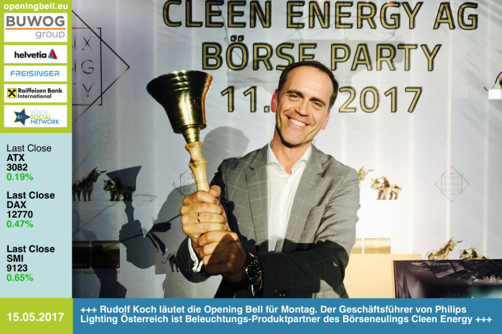 #openingbell am 15.5.: Rudolf Koch läutet die Opening Bell für Montag. Der Geschäftsführer von Philips Lighting Österreich ist Beleuchtungs-Produktpartner des Börseneulings Cleen Energy http://www.lighting.philips.at/ http://www.cleen-energy.com https://www.facebook.com/groups/GeldanlageNetwork/   (15.05.2017) 