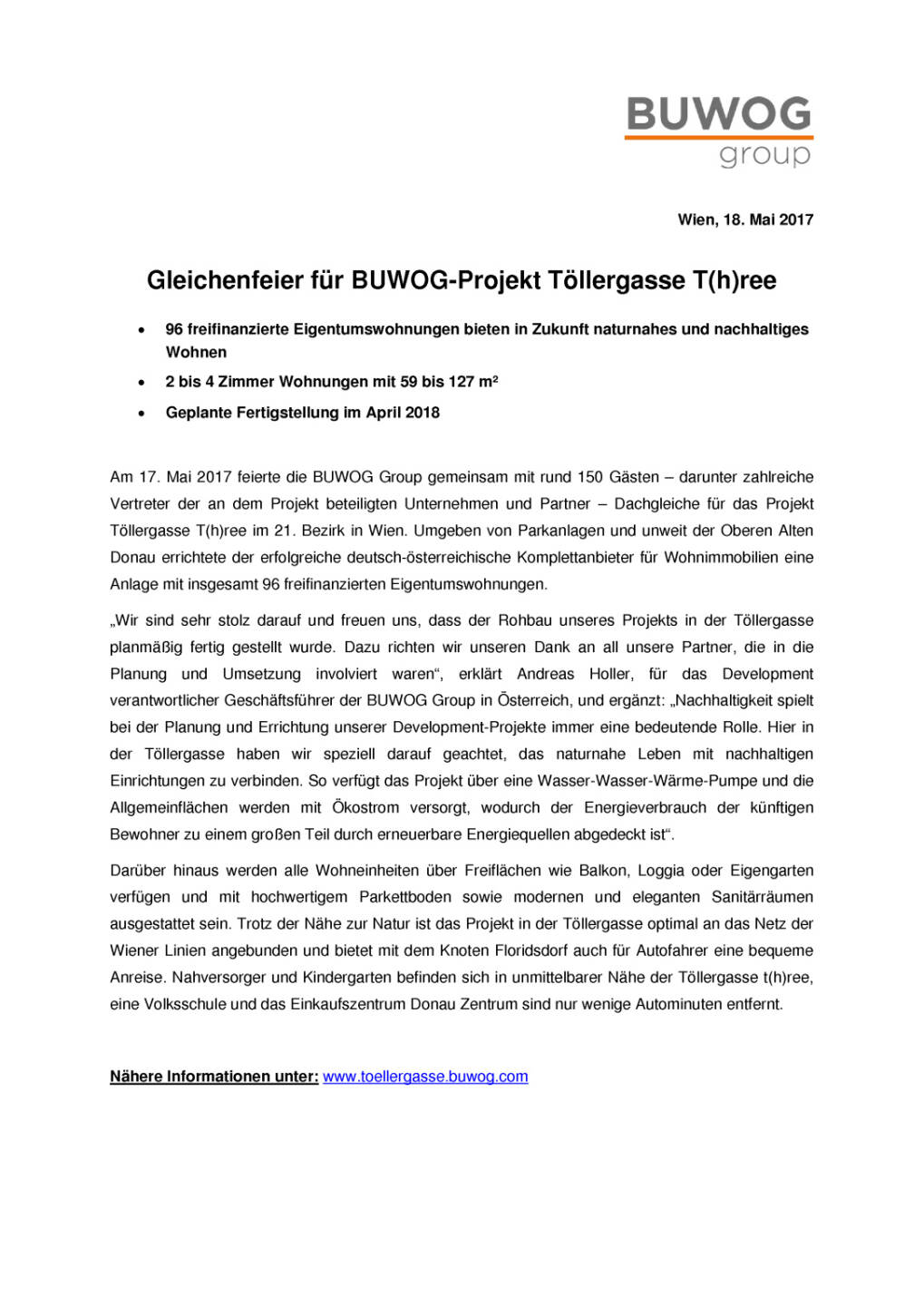 Buwog: Gleichenfeier Projekt Töllergasse T(h)ree, Seite 1/2, komplettes Dokument unter http://boerse-social.com/static/uploads/file_2256_buwog_gleichenfeier_projekt_tollergasse_three.pdf