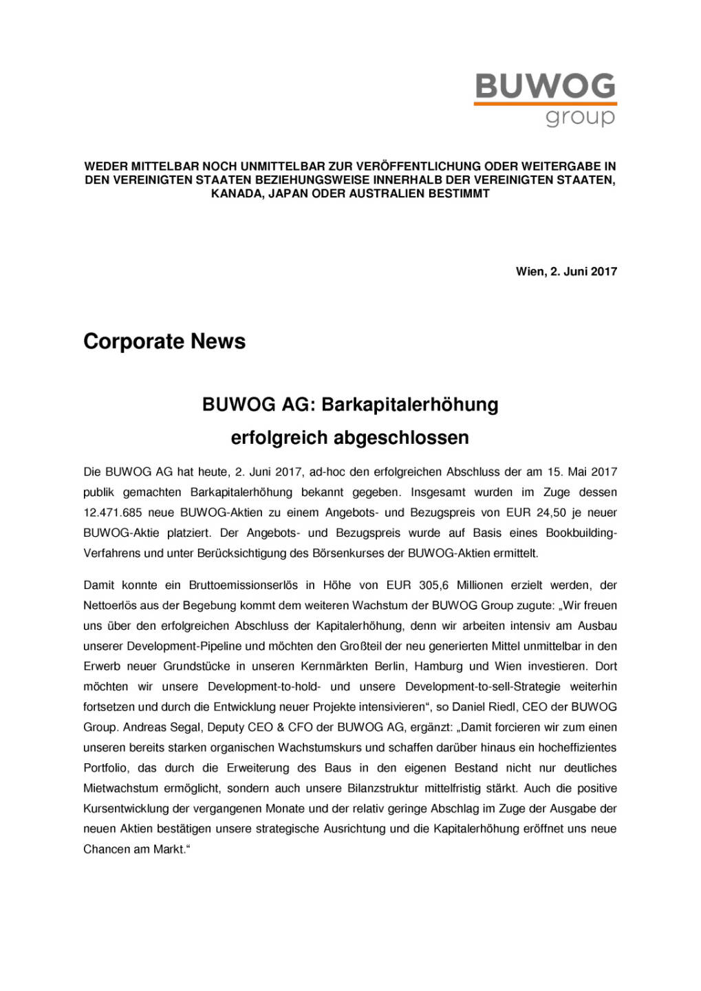 Buwog: Ergebnisse der Barkapitalerhöhung, Seite 1/2, komplettes Dokument unter http://boerse-social.com/static/uploads/file_2280_buwog_ergebnisse_der_barkapitalerhohung.pdf