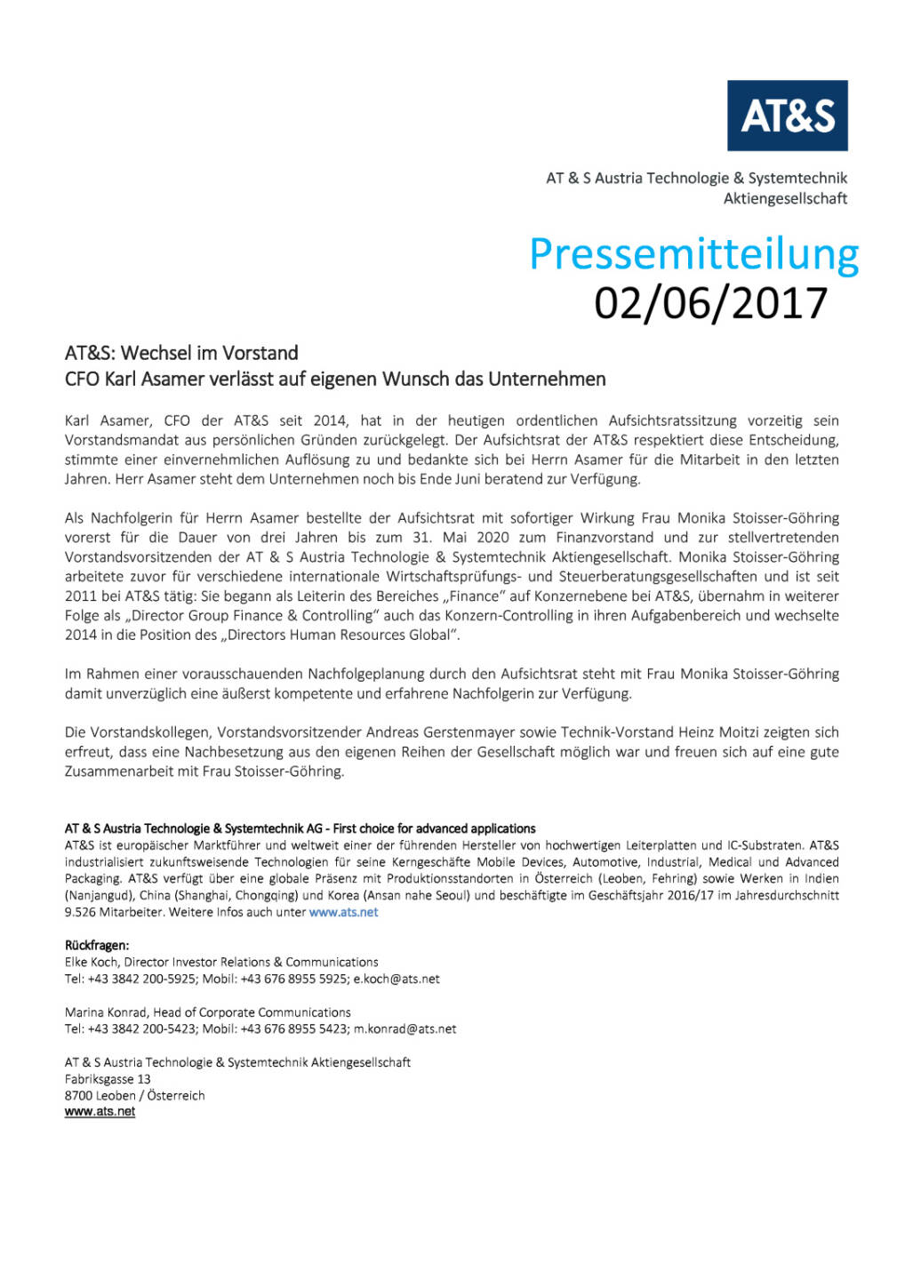 AT&S: Monika Stoisser-Göhring neuer CFO, Seite 1/1, komplettes Dokument unter http://boerse-social.com/static/uploads/file_2281_ats_monika_stoisser-gohring_neuer_cfo.pdf