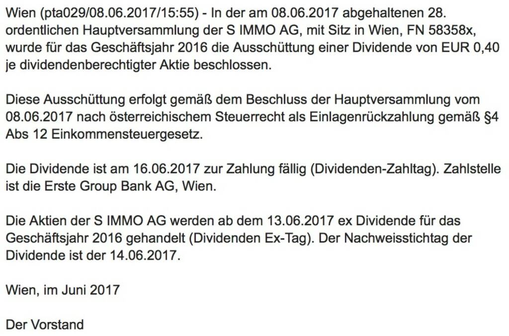 Indexevent Rosinger-Index 27: S Immo Dividende
13.6.
Dividende 0,40 EUR
-> Erhöhung Stückzahl um 3,17 Prozent (12.06.2017) 