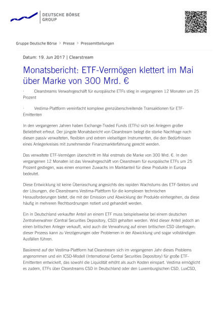 Clearstream: Monatsbericht: ETF-Vermögen, Seite 1/2, komplettes Dokument unter http://boerse-social.com/static/uploads/file_2284_clearstream_monatsbericht_etf-vermogen.pdf (20.06.2017) 