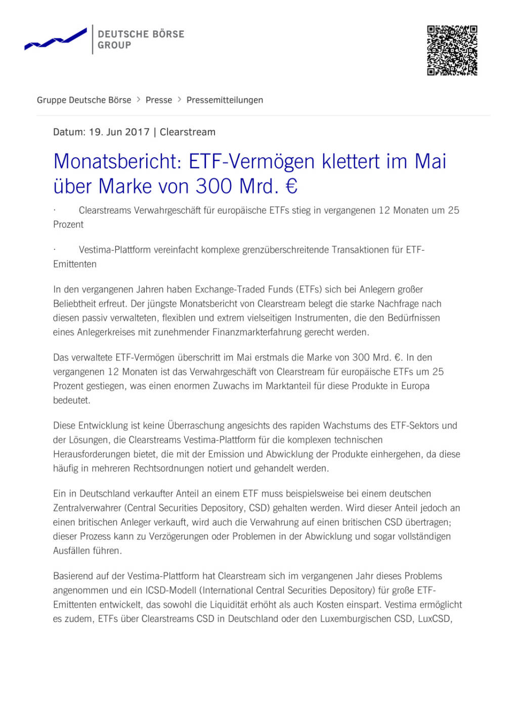 Clearstream: Monatsbericht: ETF-Vermögen, Seite 1/2, komplettes Dokument unter http://boerse-social.com/static/uploads/file_2284_clearstream_monatsbericht_etf-vermogen.pdf