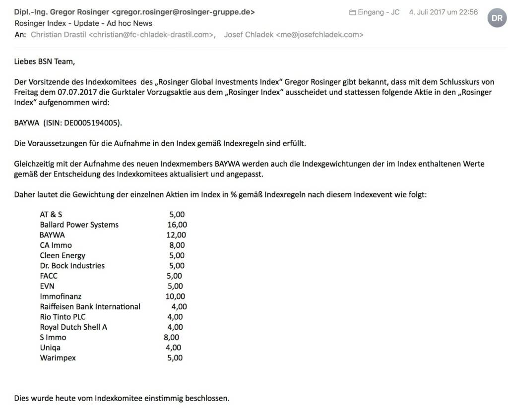 Indexevent Rosinger-Index 29: Aufnahme BayWa per Schlusskurse 7.7.2017, Herausnahme Gurktaler Vorzugsaktie ebenfalls per 7.7.2017 (08.07.2017) 