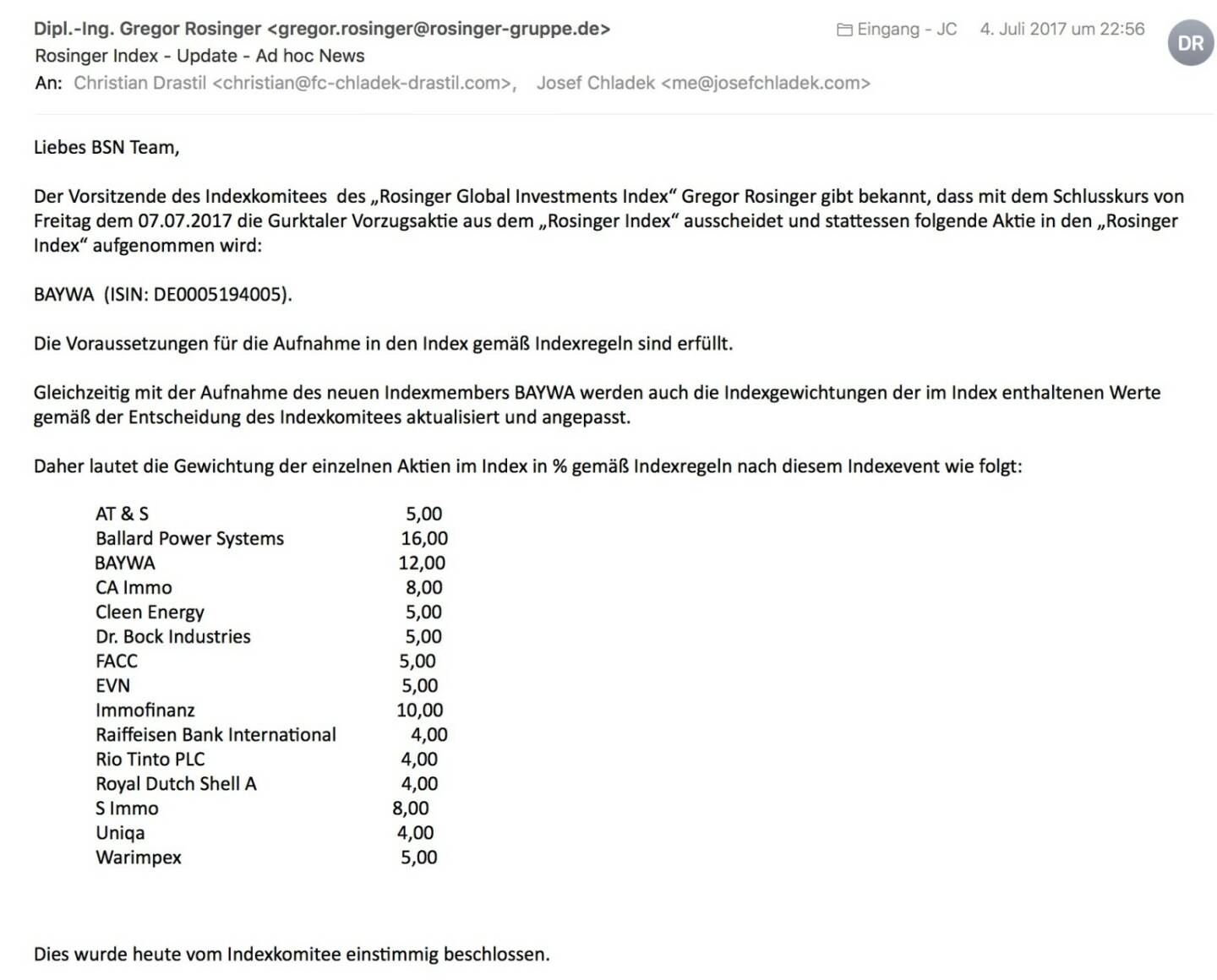 Indexevent Rosinger-Index 29: Aufnahme BayWa per Schlusskurse 7.7.2017, Herausnahme Gurktaler Vorzugsaktie ebenfalls per 7.7.2017