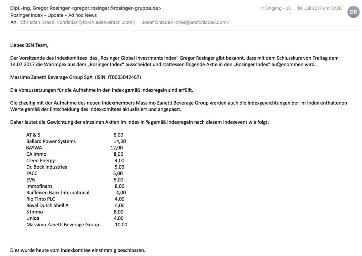 Indexevent Rosinger-Index 30: Aufnahme Massimo Zanetti Beverage Group per Schlusskurse 14.7.2017, Herausnahme Warimpex ebenfalls per 14.7.2017