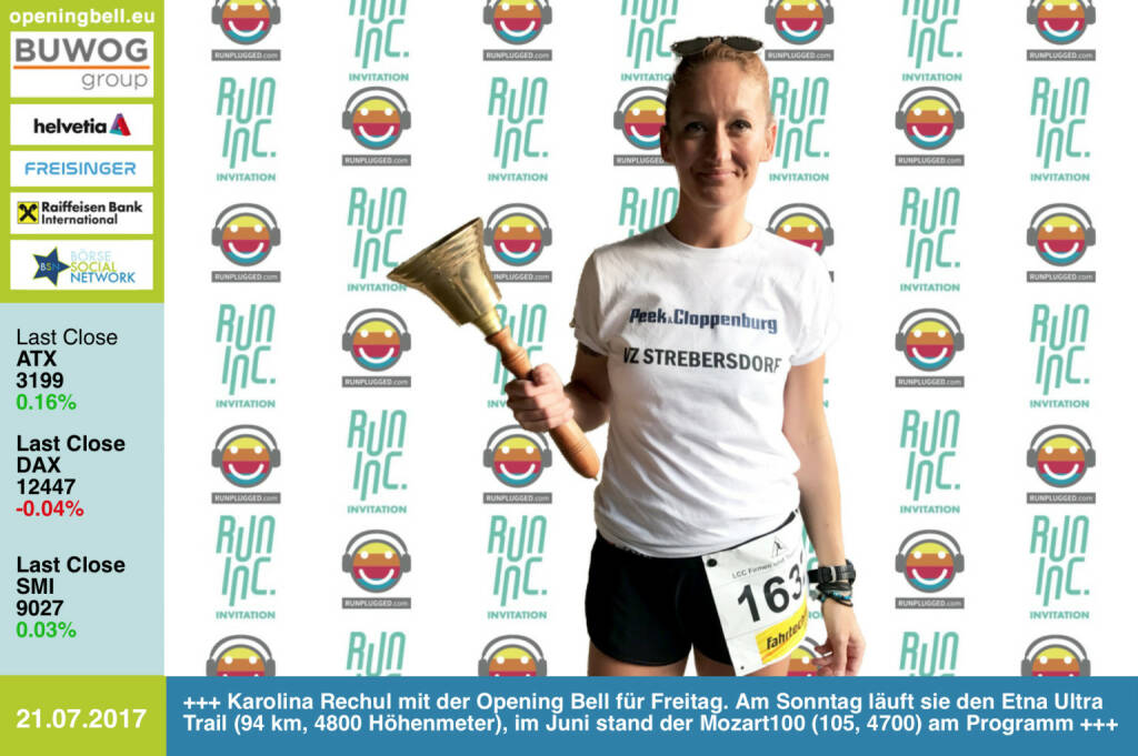 #openingbell am 21.7.: Karolina Rechul mit der Opening Bell für Freitag im Rahmen der RunInc-Invitation für Läufer/innen. Am Sonntag startet sie beim Etna Ultra Trail (94 km, 4800 Höhenmeter), im Juni stand der Mozart100 (105, 4700) am Programm   http://www.runinc.at http://www.runplugged.com https://www.facebook.com/groups/Sportsblogged/  (21.07.2017) 