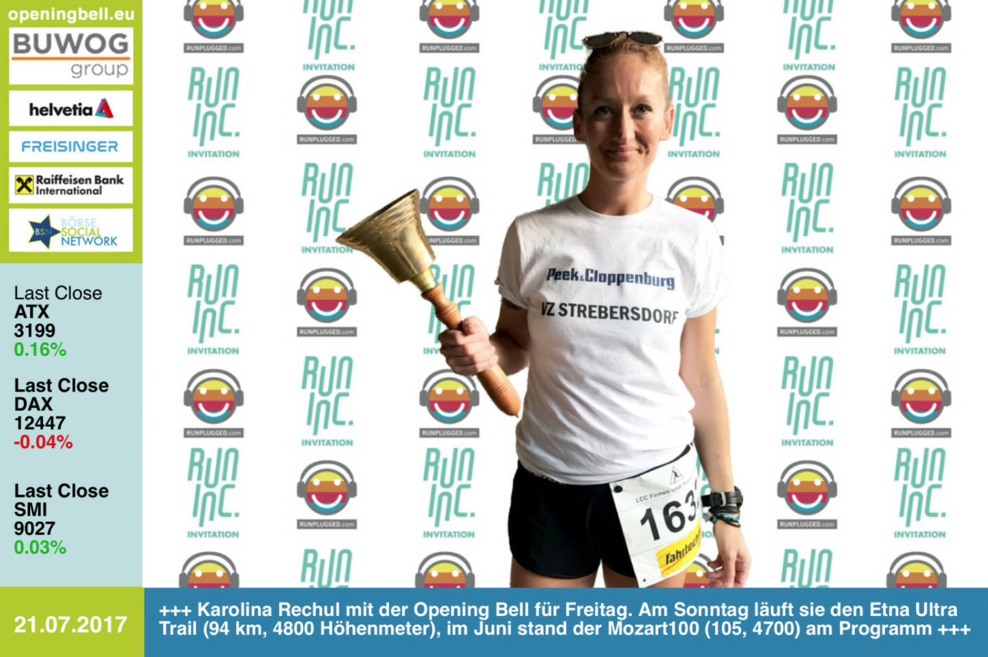 #openingbell am 21.7.: Karolina Rechul mit der Opening Bell für Freitag im Rahmen der RunInc-Invitation für Läufer/innen. Am Sonntag startet sie beim Etna Ultra Trail (94 km, 4800 Höhenmeter), im Juni stand der Mozart100 (105, 4700) am Programm   http://www.runinc.at http://www.runplugged.com https://www.facebook.com/groups/Sportsblogged/ 