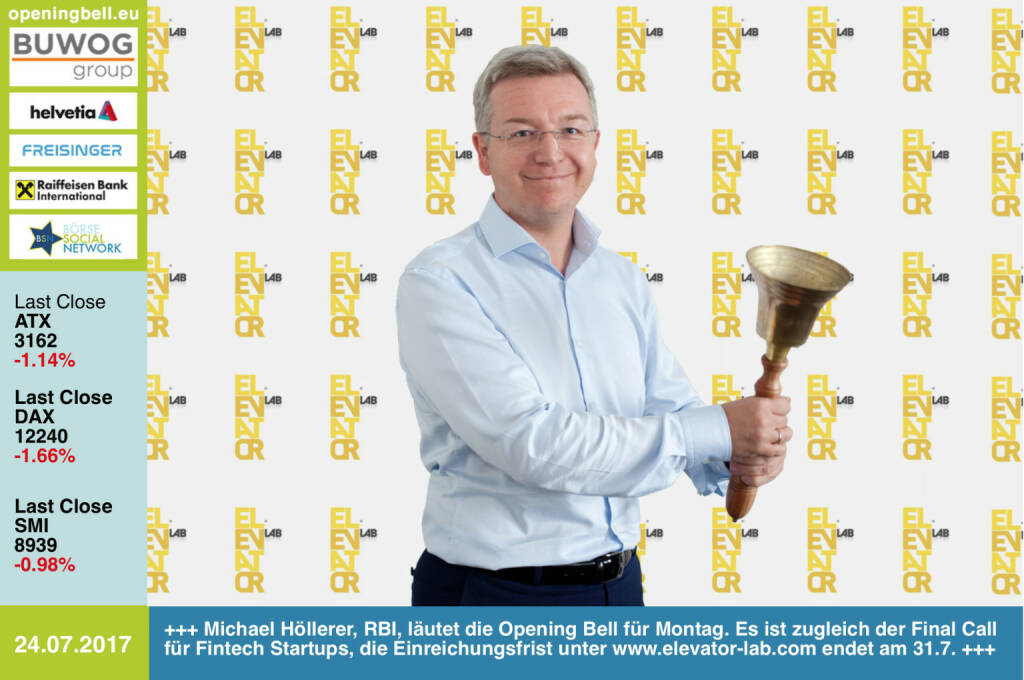 #openingbell am 24.7.: Michael Höllerer, RBI, läutet die Opening Bell für Montag. Es ist zugleich der Final Call für Fintech Startups, die Einreichungsfrist unter http://www.elevator-lab.com endet am 31.Juli https://www.facebook.com/groups/GeldanlageNetwork/ #goboersewien Aktuelles Interview: http://boerse-social.com/2017/07/19/rbi_elevator_lab_mehr_als_100_einreichungen_und_ev_initialzundung_fur_eigenen_vc-fonds_1 (24.07.2017) 