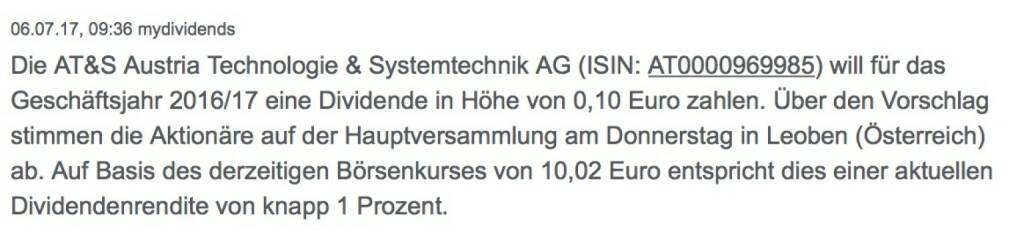 Indexevent Rosinger-Index 31: AT&S Dividende
25.7.
Dividende 0,10 EUR
-> Erhöhung Stückzahl um 0,89 Prozent (25.07.2017) 