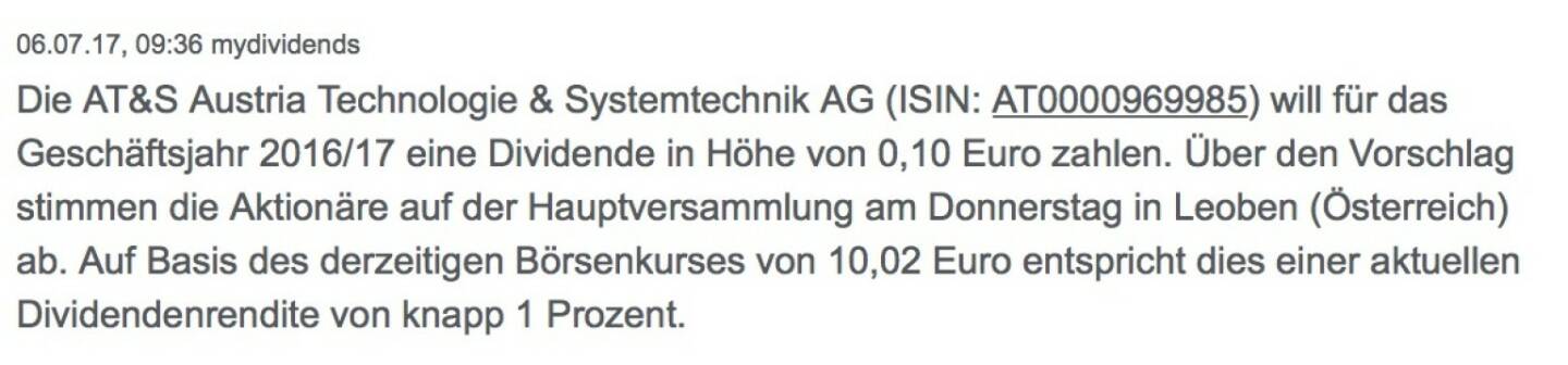 Indexevent Rosinger-Index 31: AT&S Dividende
25.7.
Dividende 0,10 EUR
-> Erhöhung Stückzahl um 0,89 Prozent