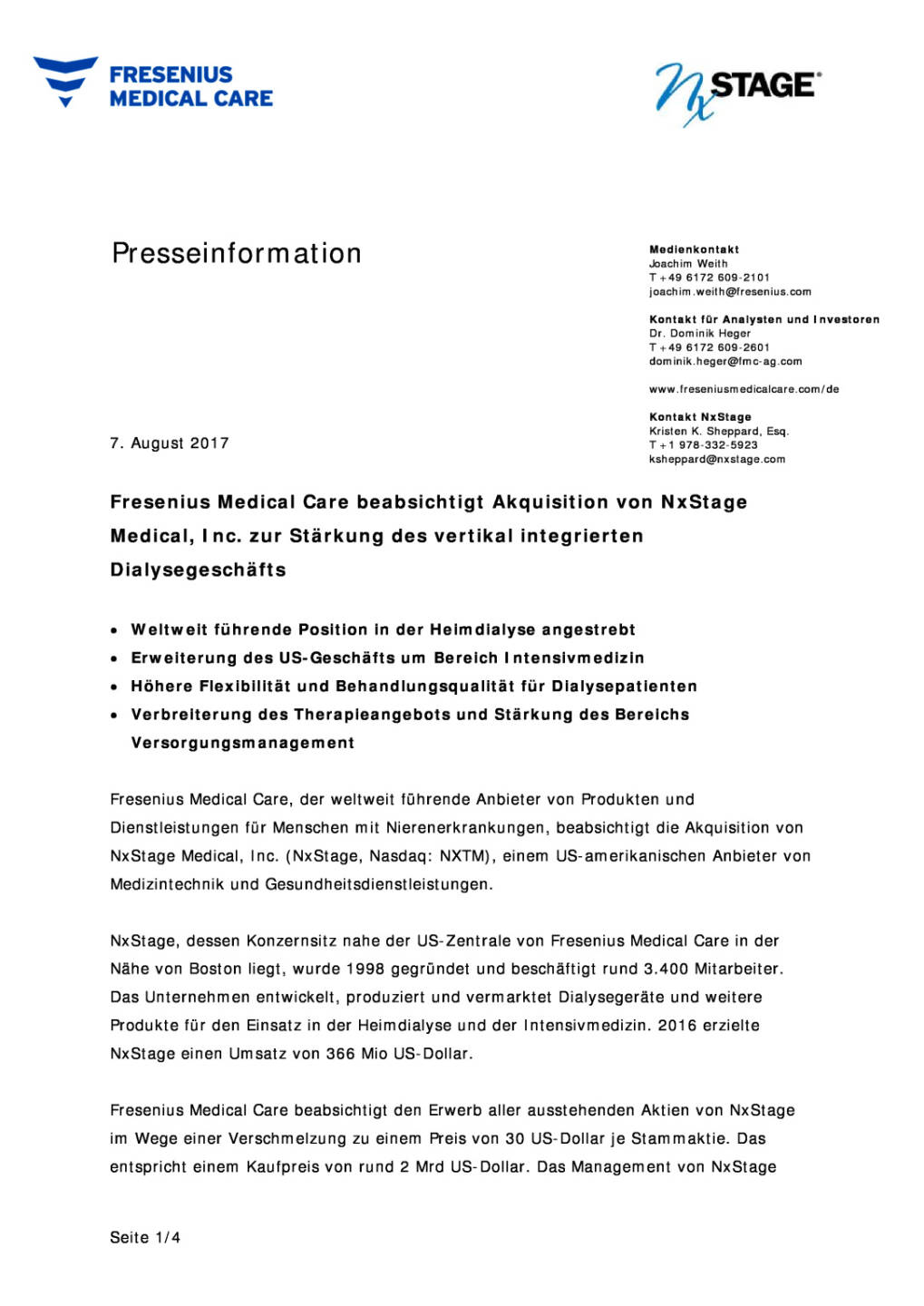 Fresenius Medical Care: Akquisition geplant, Seite 1/4, komplettes Dokument unter http://boerse-social.com/static/uploads/file_2306_fresenius_medical_care_akquisition_geplant.pdf