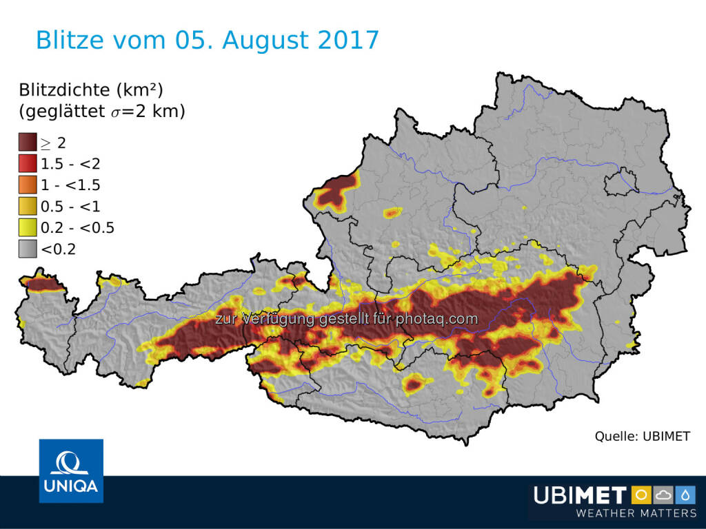 Blitze in Österreich am 5.8.2017 - UNIQA Insurance Group AG: UNIQA Österreich erwartet aus aktuellem Unwetter Schäden im einstelligen Millionen-Euro-Bereich (Fotocredit: UNIQA/UBIMET), © Aussender (08.08.2017) 