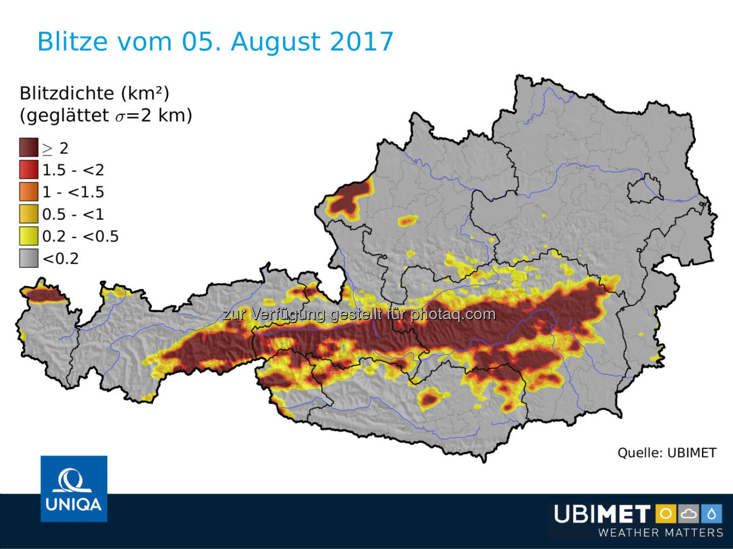 Blitze in Österreich am 5.8.2017 - UNIQA Insurance Group AG: UNIQA Österreich erwartet aus aktuellem Unwetter Schäden im einstelligen Millionen-Euro-Bereich (Fotocredit: UNIQA/UBIMET)