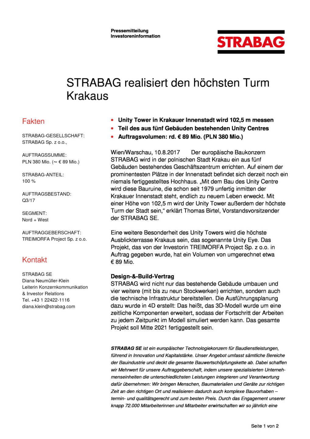 Strabag realisiert den höchsten Turm Krakaus, Seite 1/2, komplettes Dokument unter http://boerse-social.com/static/uploads/file_2308_strabag_realisiert_den_hochsten_turm_krakaus.pdf
