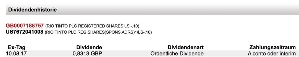 Indexevent Rosinger-Index 32: Rio Tinto Dividende
10.8.
Dividende 0,8313 GBP (0,919 EUR)
-> Erhöhung Stückzahl um 2,28% Prozent (10.08.2017) 