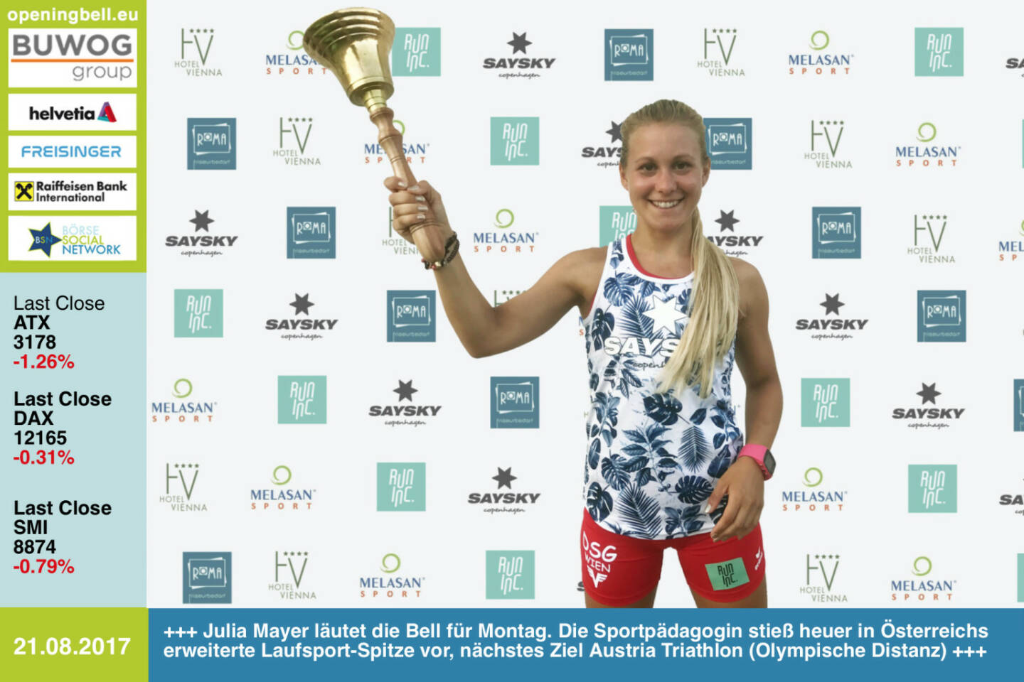 #openingbell am 21.8.: Julia Mayer läutet die Opening Bell für Montag. Die Sportpädagogin stieß heuer in Österreichs erweiterte Laufsport-Spitze vor, ihr nächstes Ziel ist der Laufpart der Staffel beim Austria Triathlon (Olympische Distanz) https://www.juliamayer.at http://www.runinc.at https://saysky.dk https://www.facebook.com/groups/Sportsblogged/ 