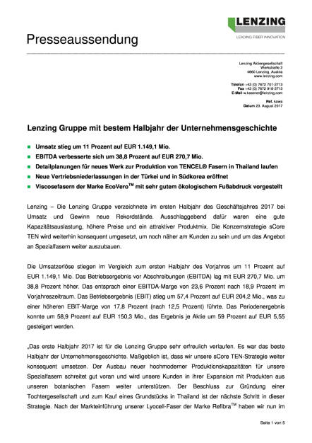 Lenzing Gruppe mit bestem Halbjahr der Unternehmensgeschichte, Seite 1/5, komplettes Dokument unter http://boerse-social.com/static/uploads/file_2312_lenzing_gruppe_mit_bestem_halbjahr_der_unternehmensgeschichte.pdf (23.08.2017) 