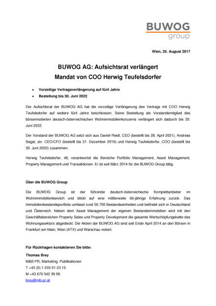 Buwog: Vertragsverlängerung für COO Herwig Teufelsdorfer, Seite 1/1, komplettes Dokument unter http://boerse-social.com/static/uploads/file_2315_buwog_vertragsverlangerung_fur_coo_herwig_teufelsdorfer.pdf (25.08.2017) 