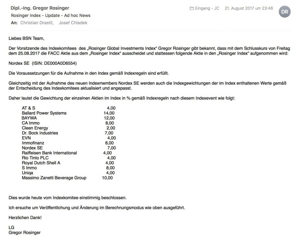 Indexevent Rosinger-Index 34: Aufnahme Nordex per Schlusskurse 25.8.2017, Herausnahme FACC ebenfalls per 25.8.2017 (26.08.2017) 