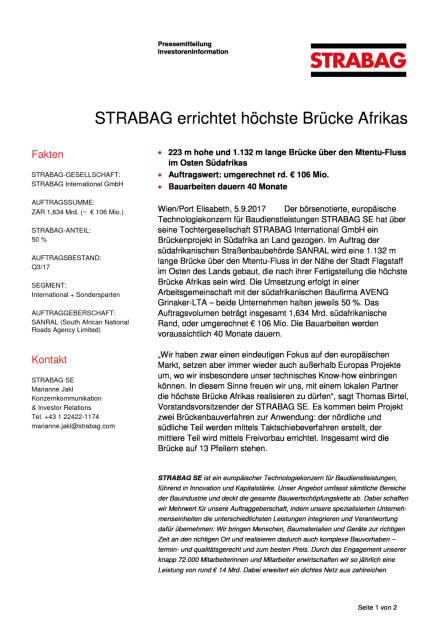 Strabag errichtet höchste Brücke Afrikas, Seite 1/2, komplettes Dokument unter http://boerse-social.com/static/uploads/file_2325_strabag_errichtet_hochste_brucke_afrikas.pdf (05.09.2017) 