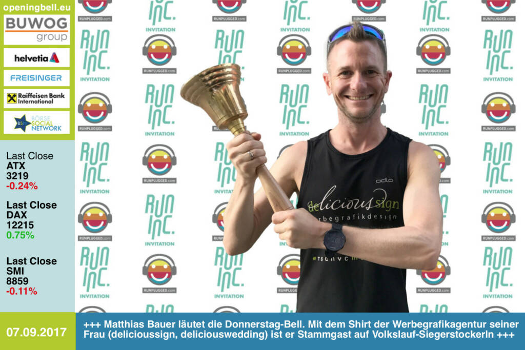 #openingbell am 7.9.: Matthias Bauer läutet die Opening Bell für Donnerstag im Rahmen der RunInc-Invitation. Mit dem Shirt der Werbegrafikagentur seiner Frau (delicioussign, deliciouswedding) ist er Stammgast auf Volkslauf-Siegerstockerln http://www.delicioussign.at http://www.runinc.at  http://www.runplugged.com https://www.facebook.com/groups/Sportsblogged/   (07.09.2017) 