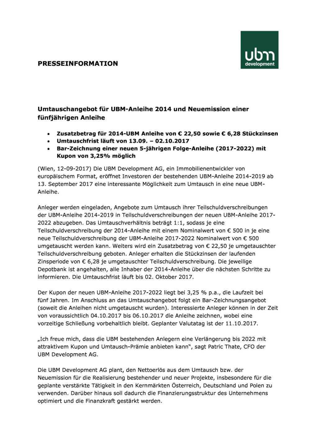 Umtauschangebot für UBM-Anleihe 2014 und Neuemission einer fünfjährigen Anleihe, Seite 1/3, komplettes Dokument unter http://boerse-social.com/static/uploads/file_2334_umtauschangebot_fur_ubm-anleihe_2014_und_neuemission_einer_funfjahrigen_anleihe.pdf