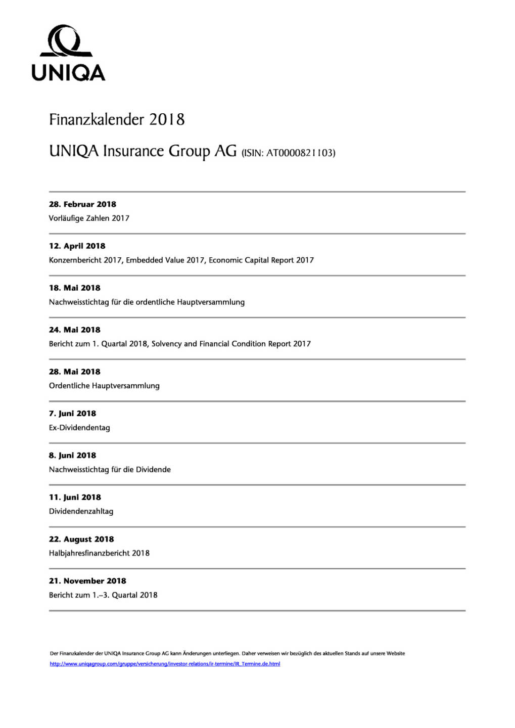 Uniqa: Finanzkalender 2018, Seite 1/1, komplettes Dokument unter http://boerse-social.com/static/uploads/file_2341_uniqa_finanzkalender_2018.pdf