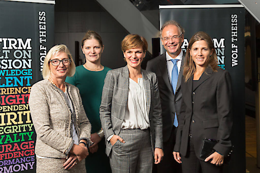 Diskutierten zum Thema Frauenquote: Elisabeth Stadler, CEO Vienna Insurance Group Eva Fischer, Partner Wolf Theiss, Corporate Pamela Rendi-Wagner, Bundesministerin für Gesundheit und Frauen Heimo Scheuch, CEO Wienerberger AG Karin Exner-Wöhrer, CEO Salzburger Aluminium AG, Fotocredit: Wolf Theiss (19.09.2017) 