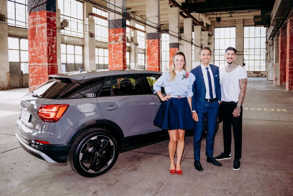 Audi ist exklusiver Auto-Partner von Austria's next Topmodel bei ATV, Marina Hoermanseder, Thomas Beran (Markenleiter Audi Österreich) und Daniel Bamdad; (c) ATV / Jörg Klickermann, © Aussendung (20.09.2017) 