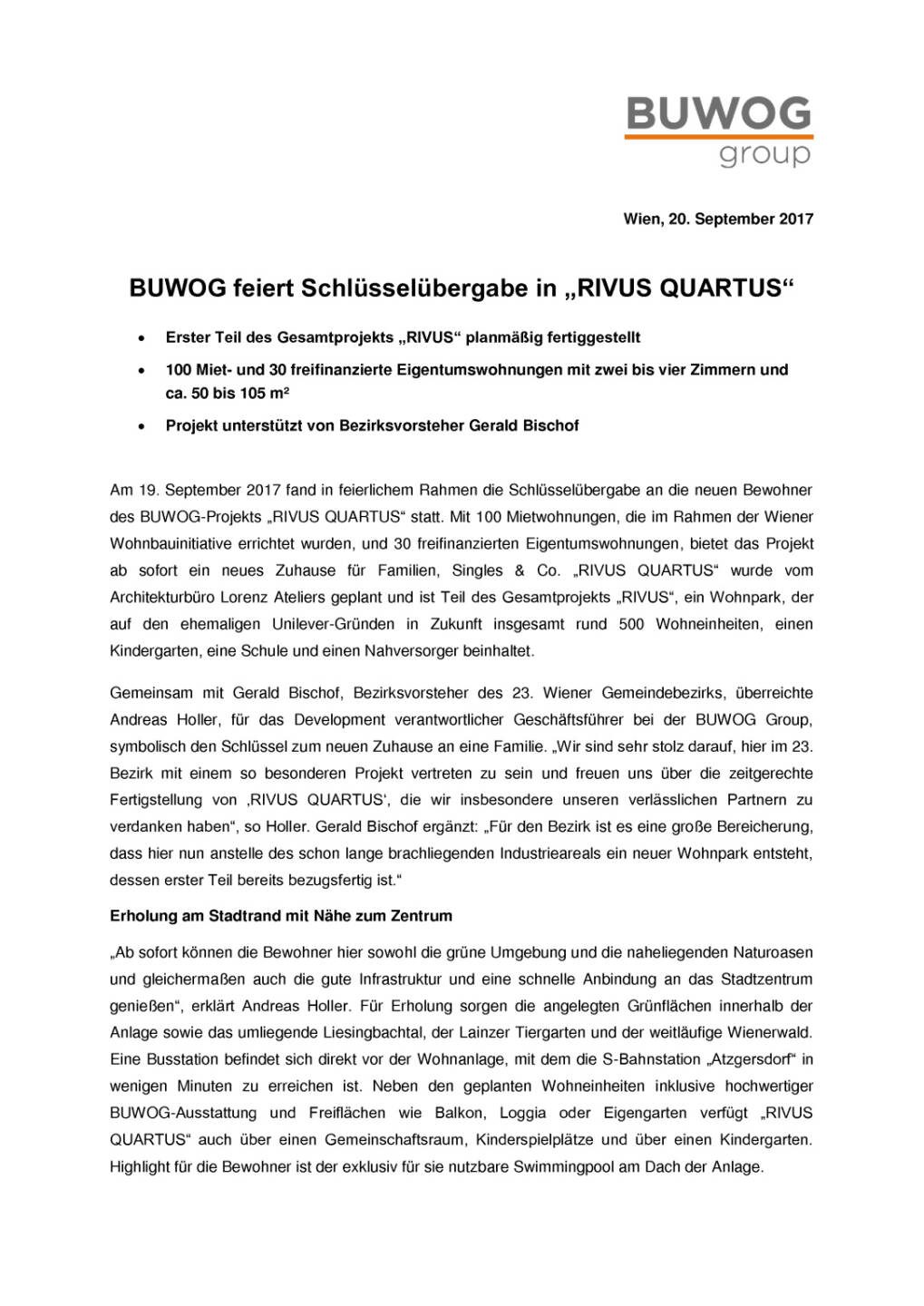 Buwog feiert Schlüsselübergabe in „Rivus Quartus“, Seite 1/2, komplettes Dokument unter http://boerse-social.com/static/uploads/file_2343_buwog_feiert_schlusselubergabe_in_rivus_quartus.pdf