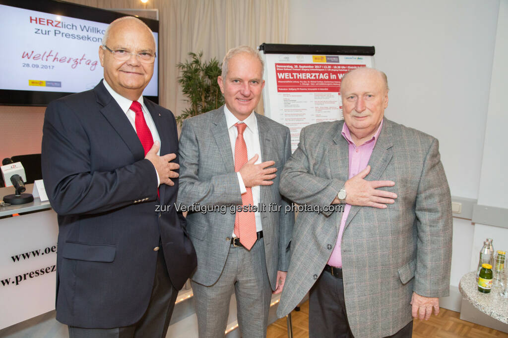 Prof. H. Kopietz, Präsident von PULS, 1. Landtagspräsident Wien; PD Dr. M. Gorlitzer, Wissenschaftlicher Leiter Weltherztag in Wien; F. Radl, Österreichischer Herzverband - Landesstelle Wien - Conventive OG: Herzerkrankungen könnten in Wien bald wieder zunehmen (Fotocredit: Conventive OG/APA-Fotoservice/Juhasz), © Aussender (22.09.2017) 