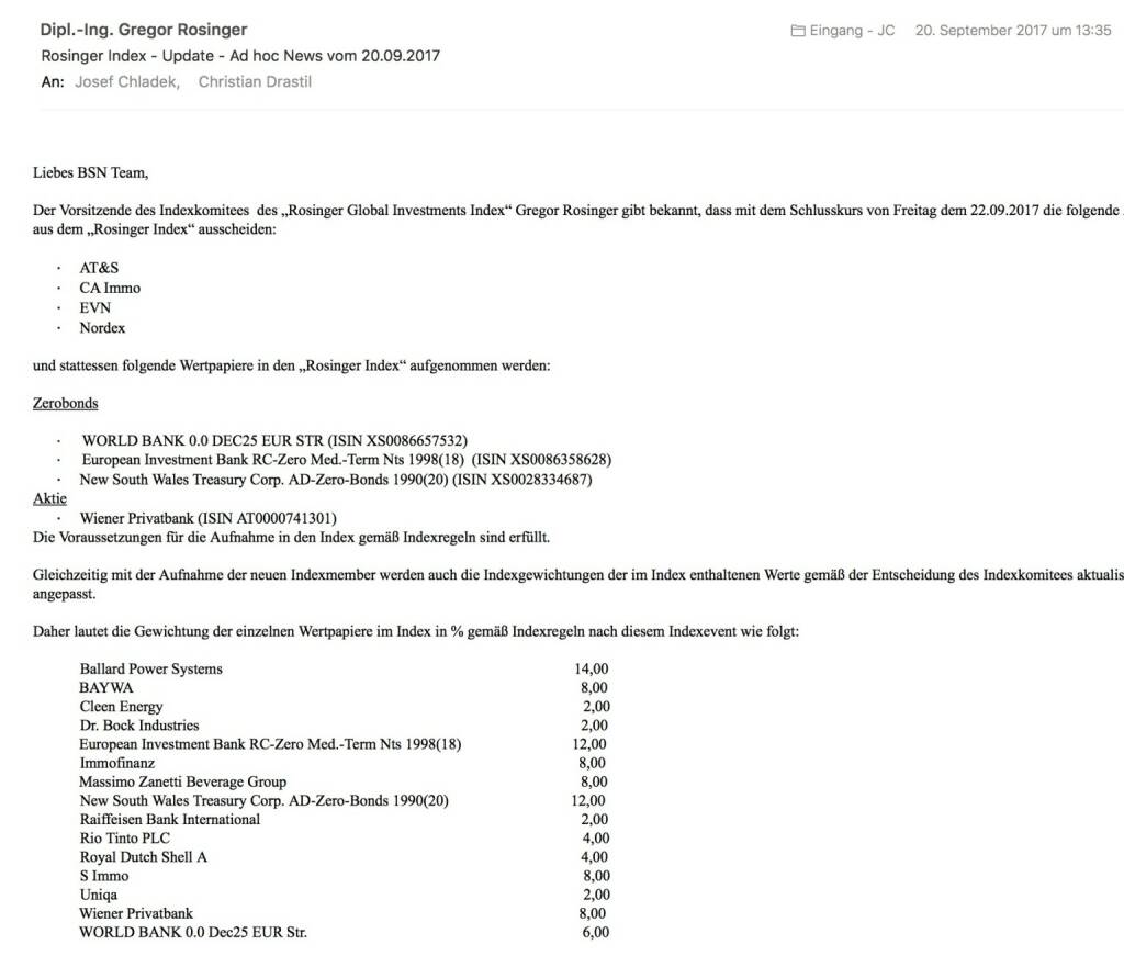 Indexevent Rosinger-Index 35: Aufnahme World Bank 0.0 Dec25 EUR Str., European Investment Bank RC-Zero Med.-Term Nts 1998(18), New South Wales Treasury Corp. AD-Zero-Bonds und Wiener Privatbank per Schlusskurse 22.9.2017, Herausnahme AT&S, CA Immo, EVN, Nordex ebenfalls per 22.9.2017 (23.09.2017) 