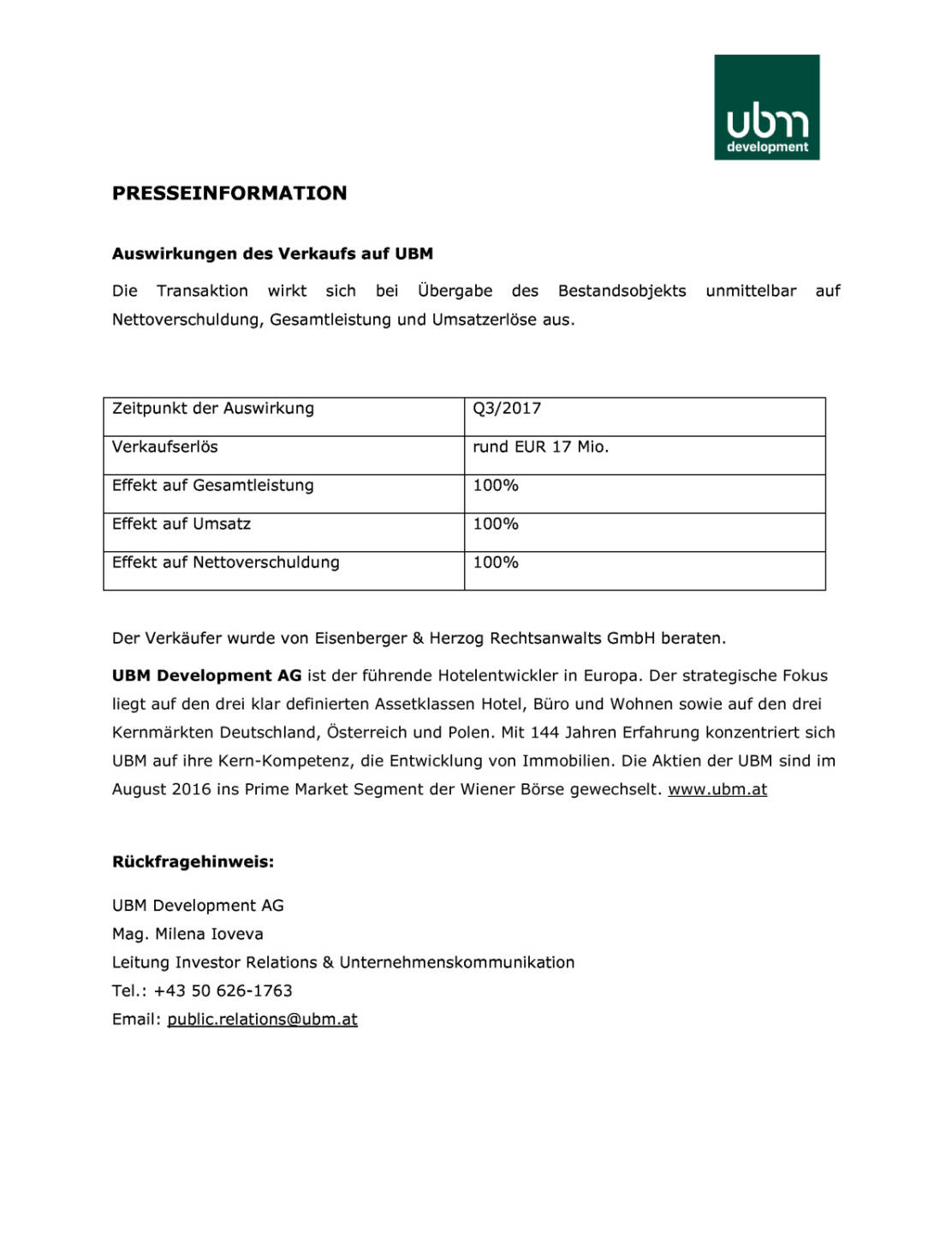 UBM verkauft Logistik-Park in Bukarest für 17 Mio. Euro, Seite 2/2, komplettes Dokument unter http://boerse-social.com/static/uploads/file_2353_ubm_verkauft_logistik-park_in_bukarest_fur_17_mio_euro.pdf