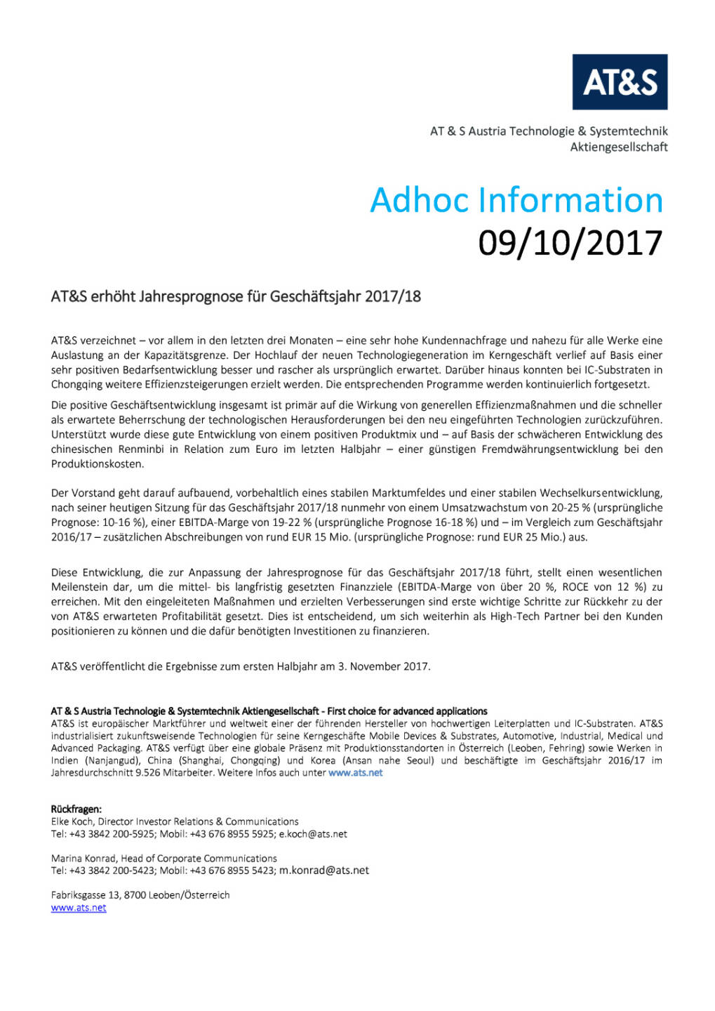 AT&S erhöht Jahresprognose für Geschäftsjahr 2017/18, Seite 1/1, komplettes Dokument unter http://boerse-social.com/static/uploads/file_2359_ats_erhoht_jahresprognose_fur_geschaftsjahr_201718.pdf