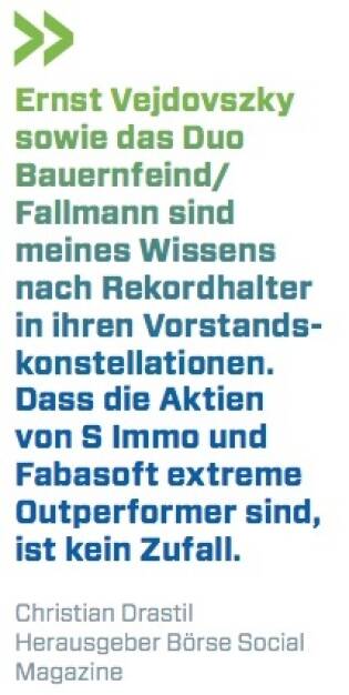 Ernst Vejdovszky sowie das Duo Bauernfeind/ Fallmann sind meines Wissens nach Rekordhalter in ihren Vorstands- konstellationen. Dass die Aktien von S Immo und Fabasoft extreme Outperformer sind, ist kein Zufall.  - Christian Drastil (Herausgeber Börse Social Magazine) (10.10.2017) 