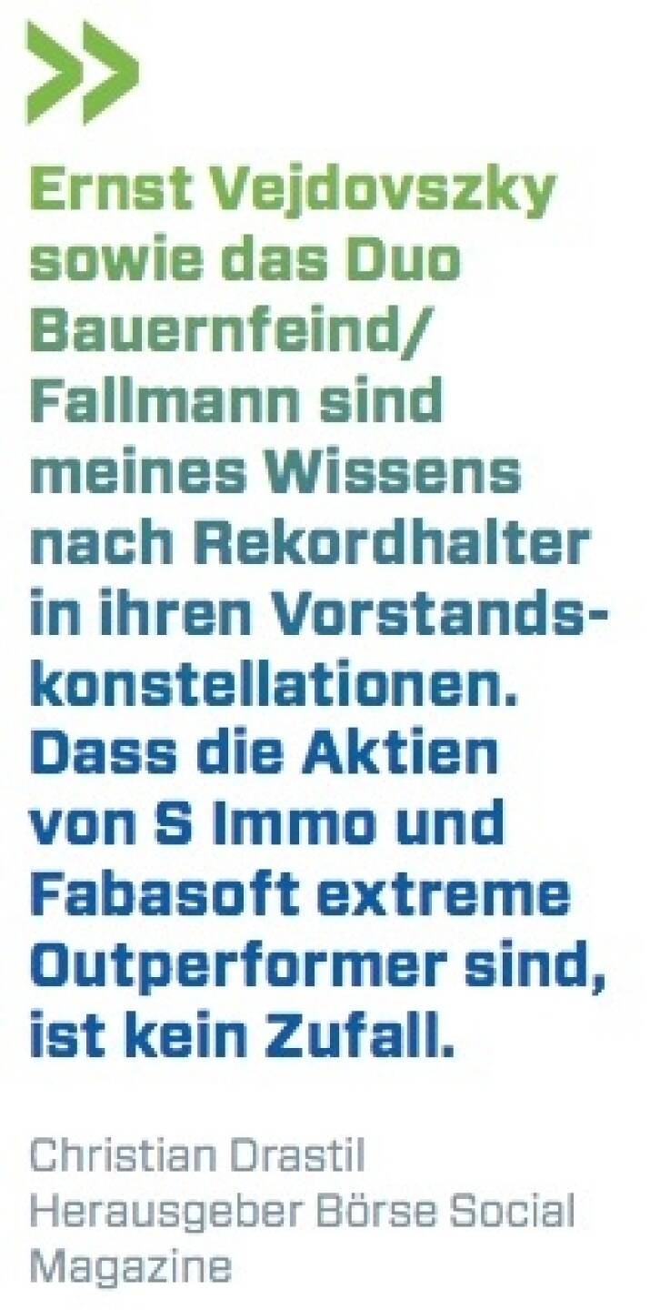 Ernst Vejdovszky sowie das Duo Bauernfeind/ Fallmann sind meines Wissens nach Rekordhalter in ihren Vorstands- konstellationen. Dass die Aktien von S Immo und Fabasoft extreme Outperformer sind, ist kein Zufall.  - Christian Drastil (Herausgeber Börse Social Magazine)