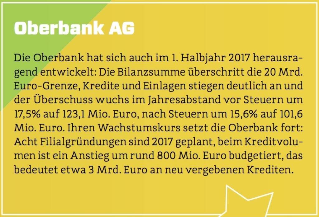 Oberbank AG - Die Oberbank hat sich auch im 1. Halbjahr 2017 herausragend entwickelt: Die Bilanzsumme überschritt die 20 Mrd. Euro-Grenze, Kredite und Einlagen stiegen deutlich an und der Überschuss wuchs im Jahresabstand vor Steuern um 17,5% auf 123,1 Mio. Euro, nach Steuern um 15,6% auf 101,6 Mio. Euro. Ihren Wachstumskurs setzt die Oberbank fort: Acht Filialgründungen sind 2017 geplant, beim Kreditvolumen ist ein Anstieg um rund 800 Mio. Euro budgetiert, das bedeutet etwa 3 Mrd. Euro an neu vergebenen Krediten. (10.10.2017) 