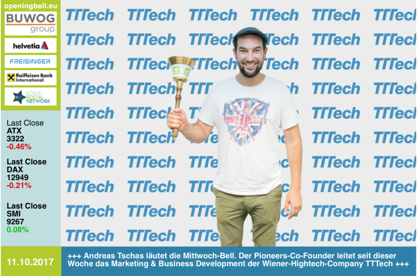 #openingbell am 11.10.: Andreas Tschas läutet die Opening Bell für Mittwoch. Der Pioneers-Co-Founder (und nunmehr Shareholder) leitet seit dieser Woche das Marketing & Business Development der Wiener-Hightech-Company TTTech http://www.tttech.com https://www.facebook.com/groups/GeldanlageNetwork/ #goboersewien